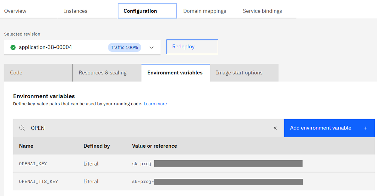 kolinz's tweet image. IBM Cloud Code Engine では、環境変数を制御できるので、それの機能を活かして #AITuberKit を動かしてみた結果、無事動いた。
Code Engineは、インターネットで公開するためのドメインやSSL/TLSサーバ証明書が自動で付与されるので、教育関係のデモ含めて、何かと使いやすい。#IBMCloud