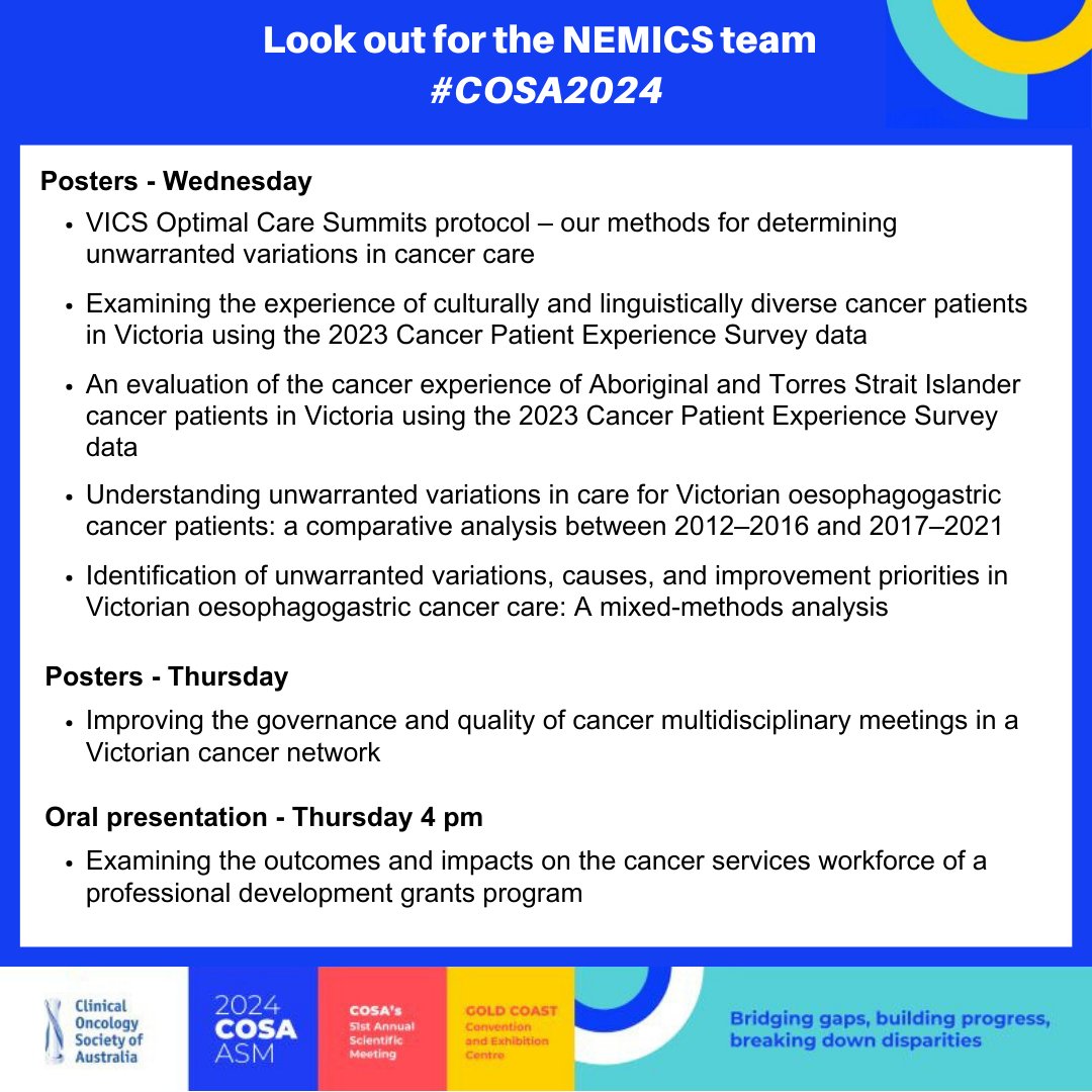 NEMICS1's tweet image. @NEMICS1 is delighted to be at #COSA2024, learning about all the wonderful initiatives in cancer care. We’re also excited to have the opportunity to showcase some of our work.

@COSAoncology #CancerCare @VICStogether