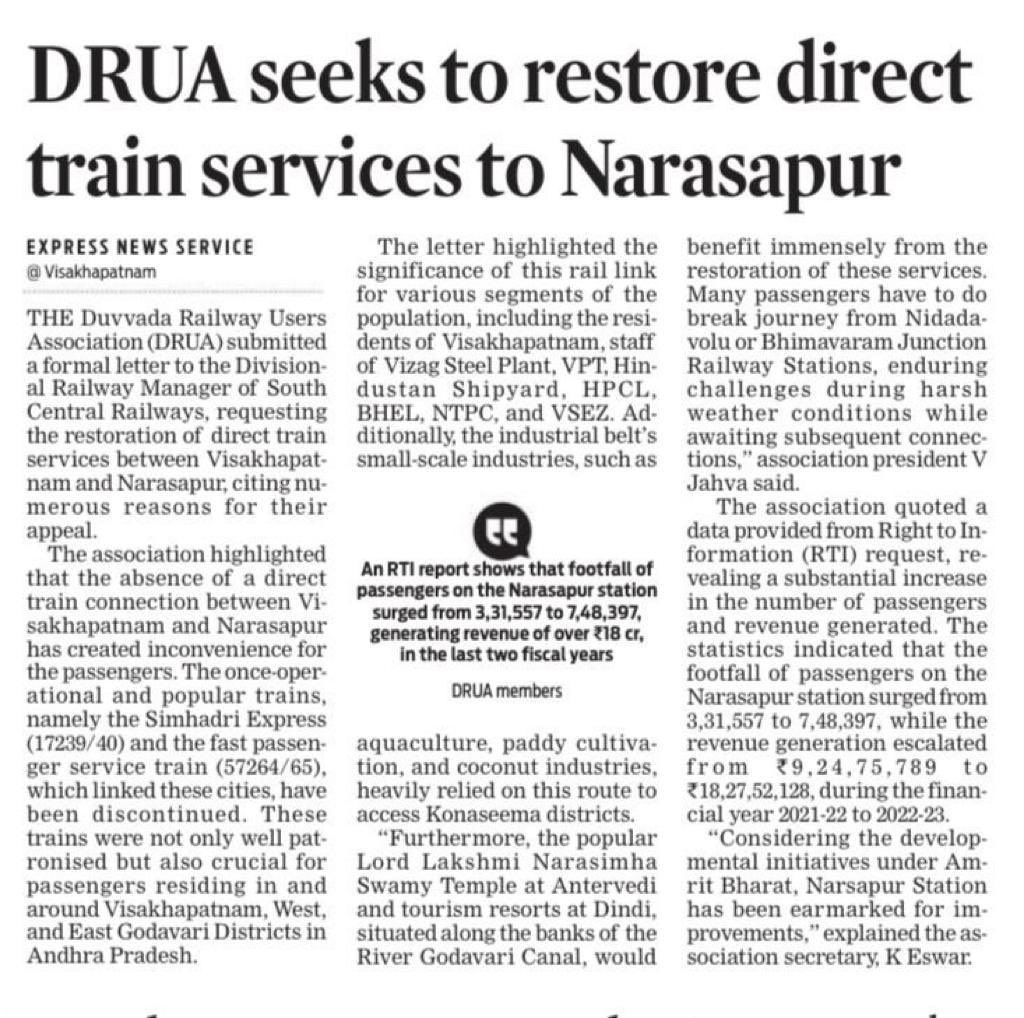 Eswar Kanchumurthi (@eswarkanchu) on Twitter photo <a href="/BjpVarma/">Bhupathiraju Srinivasa Varma</a> No single train/Spl train from VSKP -Narasapur past 4years-Passengers incl old,Divayang,Patients,Pregnant women with kids&luggages struggling-On behalf of passengers,Duvvada Rly Users Assn requests to you, <a href="/AshwiniVaishnaw/">Ashwini Vaishnaw</a> <a href="/IR_CRB/">RB CRB</a> <a href="/IR_EDCHG/">RB EDCHG</a> <a href="/sribharatm/">Bharat Mathukumilli</a> <a href="/RamMNK/">Ram Mohan Naidu Kinjarapu</a> restore VSKP-NS Exp <a href="/BjpVarma/">Bhupathiraju Srinivasa Varma</a> No single train/Spl train from VSKP -Narasapur past 4years-Passengers incl old,Divayang,Patients,Pregnant women with kids&luggages struggling-On behalf of passengers,Duvvada Rly Users Assn requests to you, <a href="/AshwiniVaishnaw/">Ashwini Vaishnaw</a> <a href="/IR_CRB/">RB CRB</a> <a href="/IR_EDCHG/">RB EDCHG</a> <a href="/sribharatm/">Bharat Mathukumilli</a> <a href="/RamMNK/">Ram Mohan Naidu Kinjarapu</a> restore VSKP-NS Exp