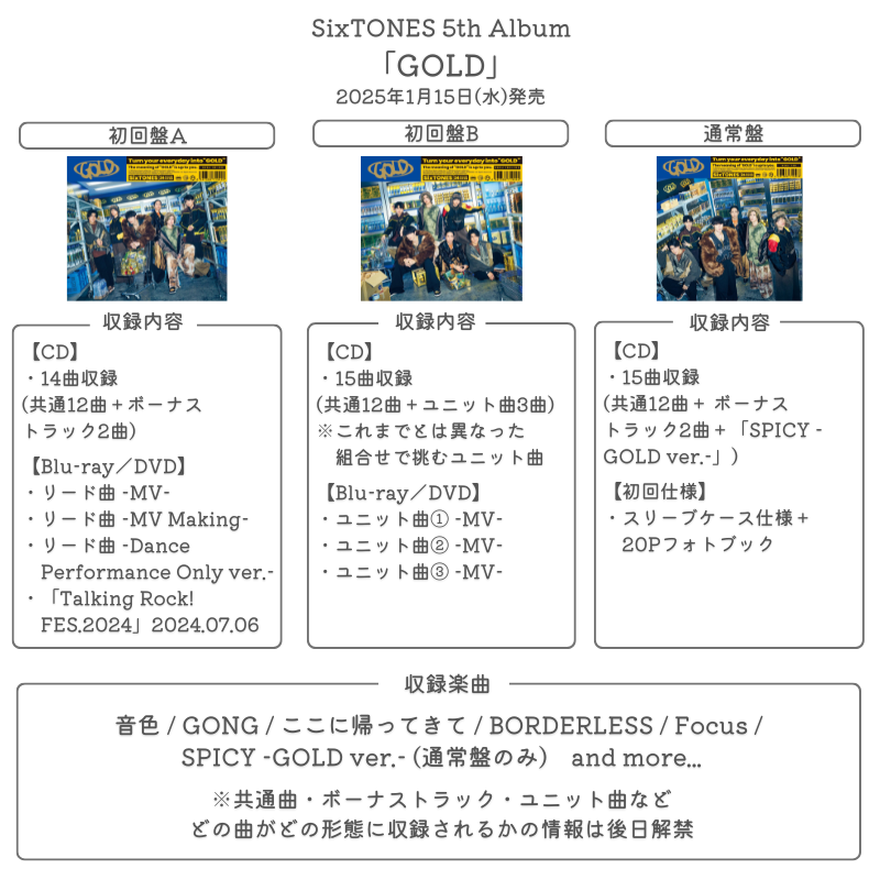詳細解禁】 💿2025/1/15発売 SixTONES 5thアルバム「GOLD」 《特典映像