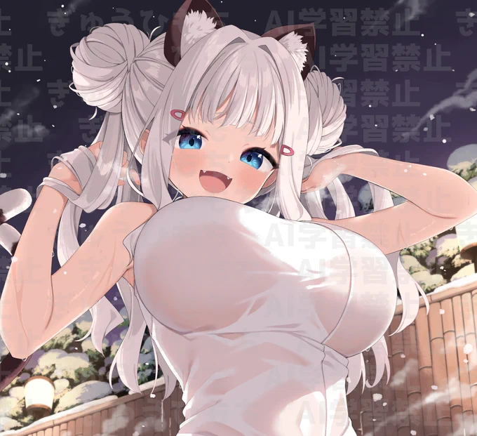 メロンブックス様開催のC105カタログ特典『Melonbooks Girls Collection』にイラスト寄稿しました!温泉でちんまい大きい猫耳ちゃんと混浴を楽しむ絵になってます! 