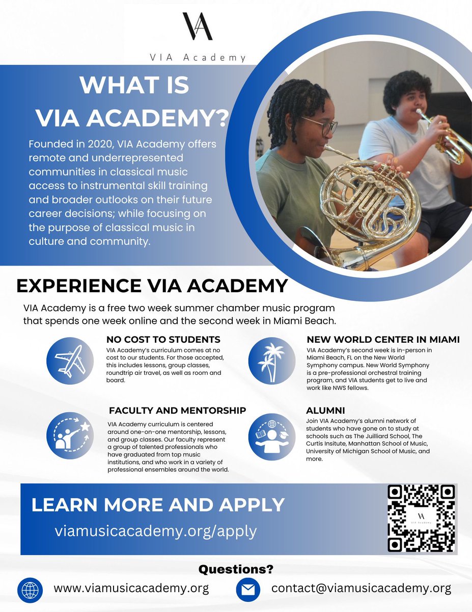 🚨‼️Music teachers‼️🚨

Know a talented high school student who wants to build a professional life in the music industry?

VIA Academy applications are live soon! VIA is a completely free summer program  that ensures career and college readiness - share!