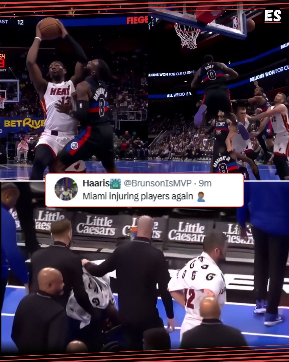 ES_sportsnews's tweet photo. Tim Hardaway Jr wheelchaired off floor after 2 hits to the head in same possession 🤯 Hope he's okay 🙏
#NBA #Basketball #Injuries #MiamiHeat #DetroitPiston #TimHardawayJr https://t.co/HVOrJiPj4C