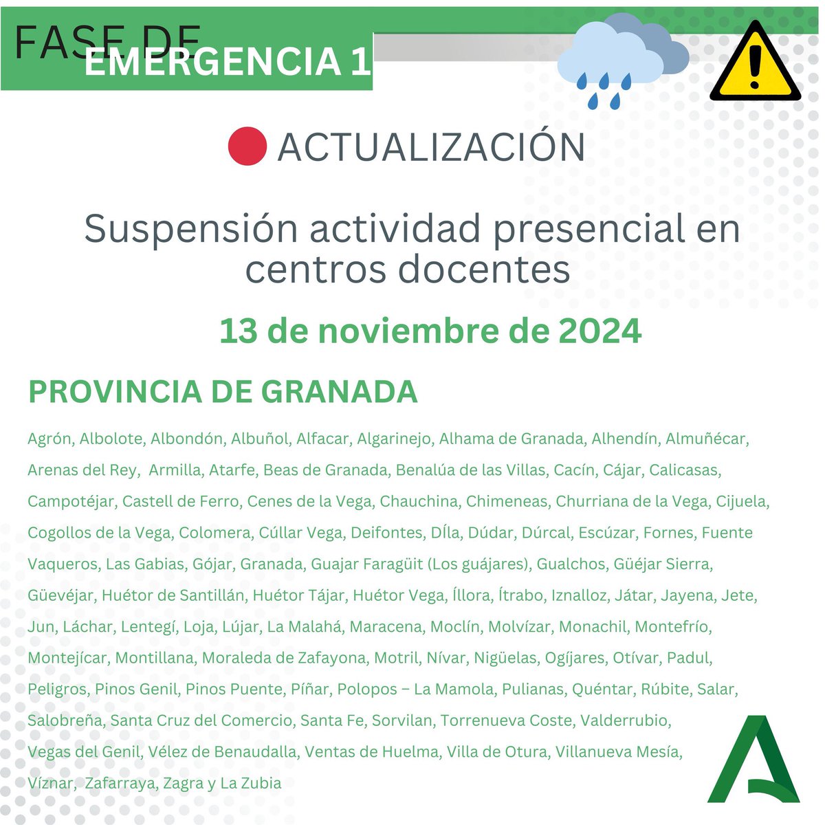 PoliciaGr's tweet image. 📢ÚLTIMA HORA‼️
La Consejería @EducaAnd actualiza los centros docentes en los que se suspende la actividad docente en la provincia de Granada e incluye a todos los municipios de la Cuenca del Genil.