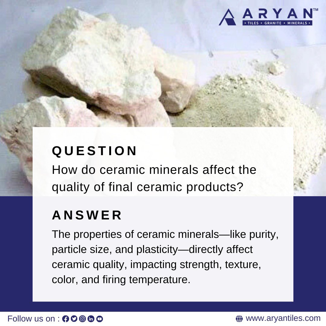 aryan_tiles's tweet image. Read our today’s FAQ for Quality of ceramic products using Ceramic Minerals. 

If you have any query related to Ceramic Industry(Granite Tiles, Ceramic Mineral, Tiles) then please feel free to ask in DM. 

#aryantiles #ceramicminerals #ceramicproducts