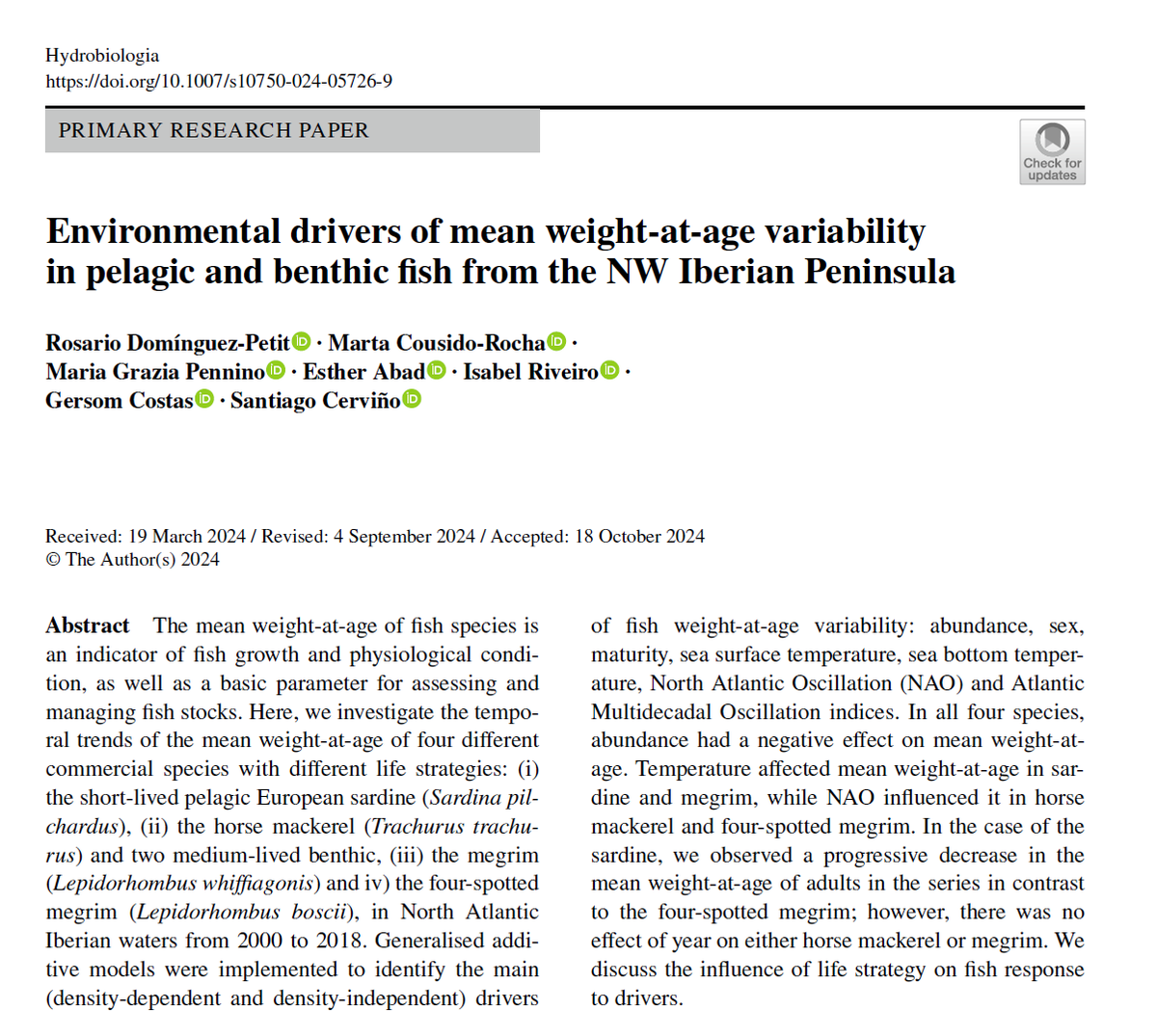 🌟 ¡Nuestro nuevo paper ya está publicado! 🌟 "Environmental drivers of mean weight-at-age variability in pelagic and benthic fish from the NW Iberian Peninsula" 🐟🌊 ¡Acceso abierto y listo para leer! link.springer.com/article/10.100…