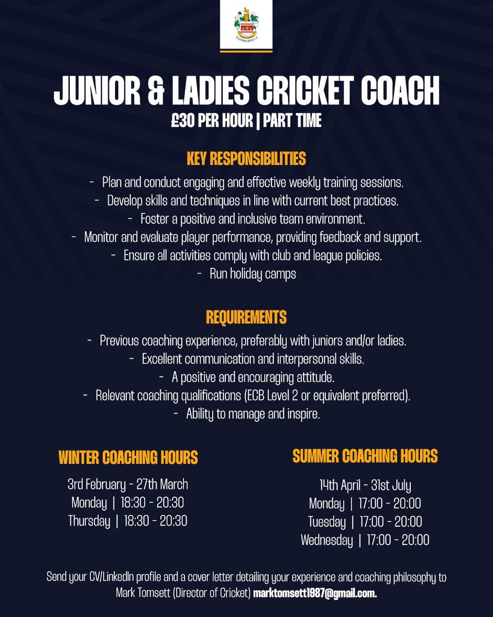 We’re on the lookout for a new Junior &amp; Ladies Cricket Coach 🏏💪

Send your CV / LinkedIn Profile and a cover letter detailing your experience to our Director of Cricket at marktomsett1987@gmail.com 📩

#Eastbourne #Cmonthebourne #Cricket #CricketCoach