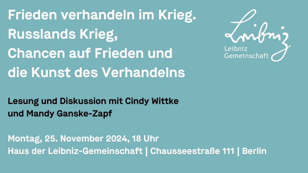Frieden verhandeln im Krieg.
Einladung zur Buchpremiere mit <a href="/cindy_wittke/">Cindy Wittke</a> (<a href="/LeibnizIOS/">Leibniz-Institut für Ost- & Südosteuropaforschung</a>) und <a href="/mgzapf/">Mandy  Ganske-Zapf</a> am 25.11., 18 Uhr in Berlin.
Einführung: P. Haslinger (<a href="/LeibnizHI/">Herder-Institut für hist. Ostmitteleuropaforschung</a>), Moderation: <a href="/Dornblueth/">Gesine Dornblueth</a>
ow.ly/a8O150U5qwb
<a href="/quadrigaverlag/">Quadriga</a> #Russland #Ukraine #Osteuropa