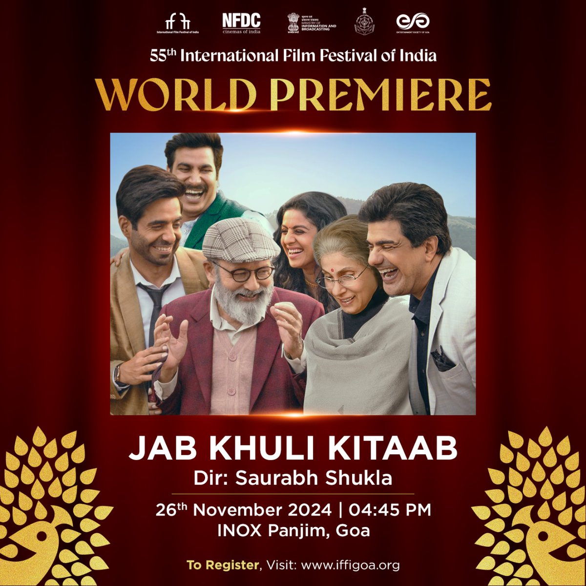 ApplauseSocial's tweet image. At the 55th International Film Festival of India, join us for the World Premiere of Jab Khuli Kitaab, directed by Saurabh Shukla!

📅 Date: 26th November 2024
🕓 Time: 04:45 PM
📍 Venue: INOX Panjim, Goa

Don’t miss out on this exclusive premiere! To register, visit:…