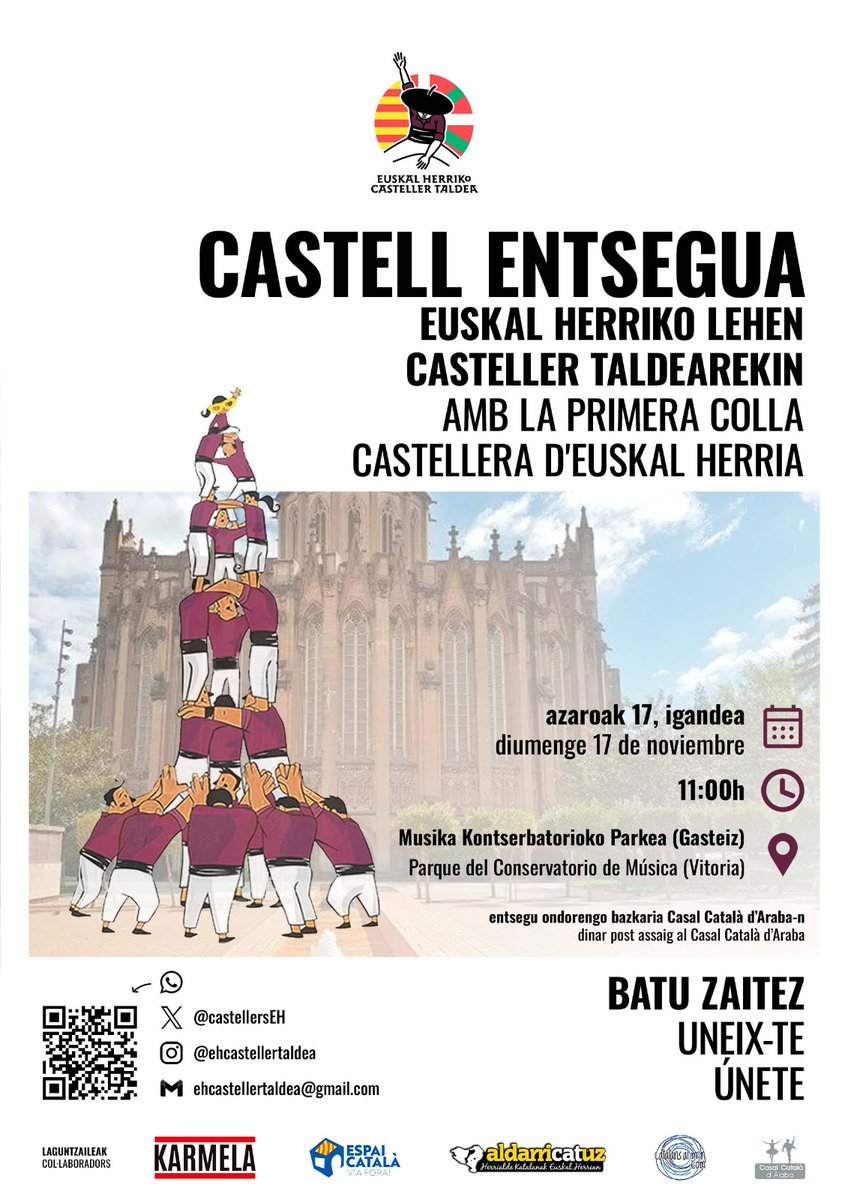 AQUEST DIUMENGE 17 ENS VEIEN A GASTEIZ!
en acabar farem dinar de germanor al <a href="/CasalAraba/">Casal Català d'Araba (Vitòria-Gasteiz)</a> 

IGANDEA HONETAN 17 GASTEIZEN IKUSIKO GARA!  amaieran anaitasun bazkaria egingo dugu kanpaldian Casal Català d'Araba
#gazteluon #castells #ehcastellertaldea #castellsenxarxa #revistacastells