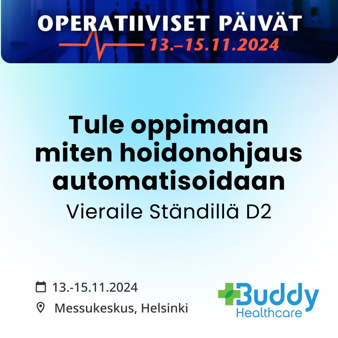 Tänään alkavat Operatiiviset päivät 🚀 

Kannattaa vierailla meidän osastolla D2, kuulemassa, miten hoitoprosesseja tehostetaan automatisoimalla hoidonohjaus.

#OperatiivisetPaivat #Sote