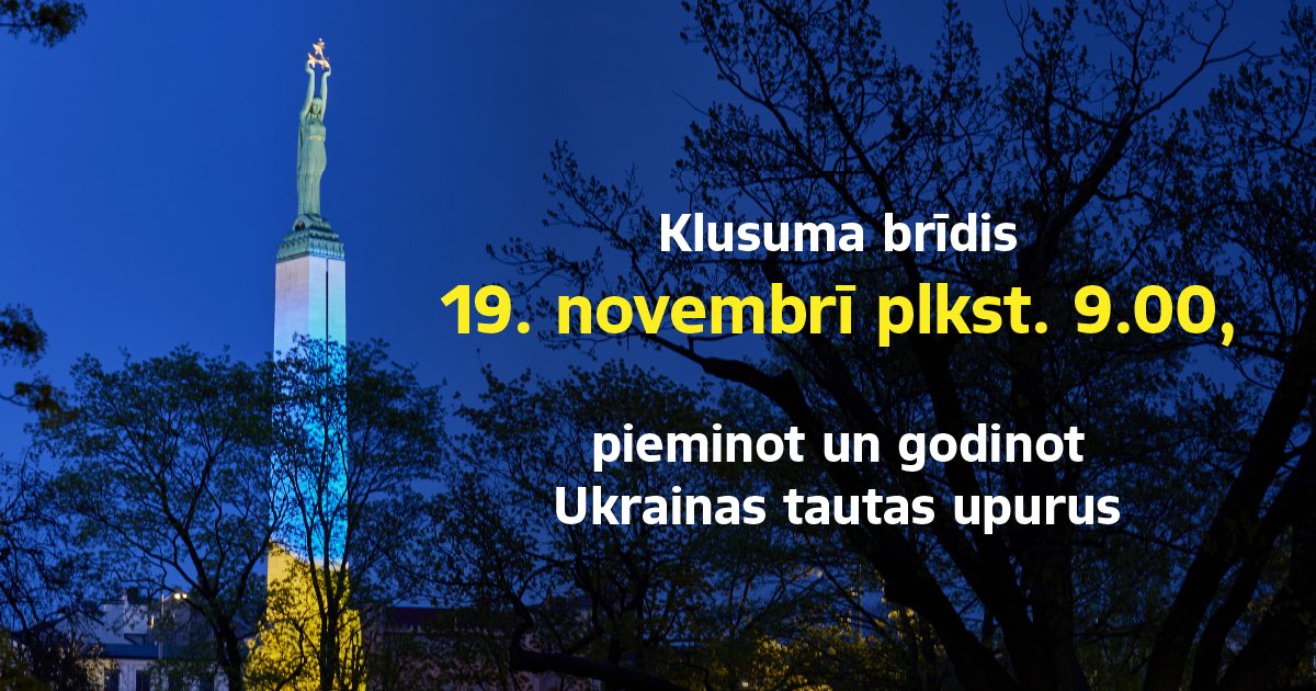 Brivibas36's tweet photo. 19. novembrī apritēs 1000 dienas kopš Krievijas pilna mēroga militārā iebrukuma Ukrainā. 
Solidarizējoties ar Ukrainu, Latvijas Valsts prezidents, Saeimas priekšsēdētāja, Ministru prezidente un ārlietu ministre 19. novembrī plkst. 9.00 aicina visu Latviju vienoties klusuma brīdī. https://t.co/27o3EiTP9U