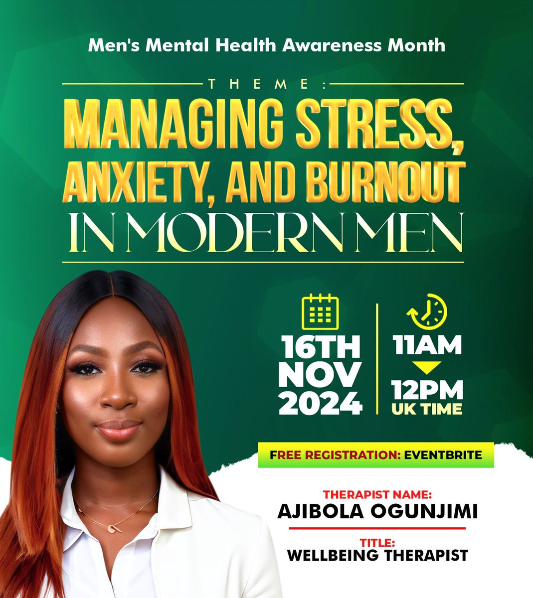Kukwithu's tweet photo. MEN'S MENTAL HEALTH AWARENESS MONTH‼️‼️

THEME: Managing Stress, Anxiety, And Burnout in Modern Men

DATE: 16Th November 
This webinar is strictly for Men only, please register by using the link below👇🏾 https://t.co/6IxQSovGNR

RETWEET https://t.co/cCSXxynLaz