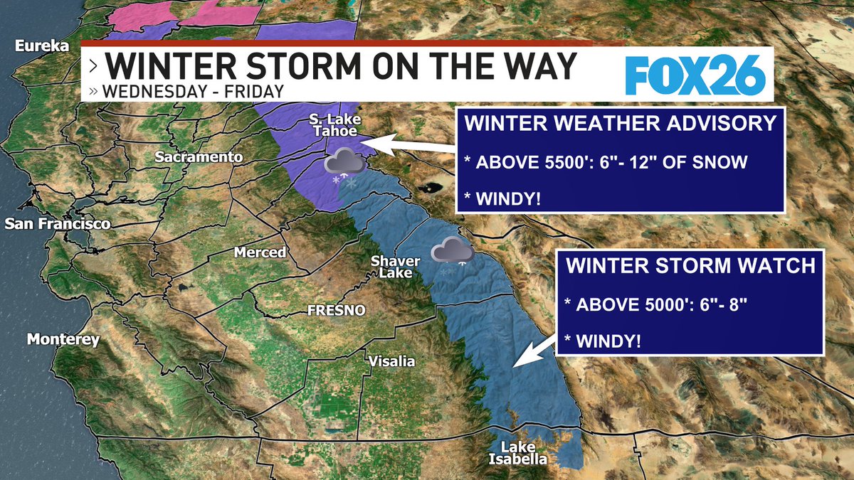 Weather1224's tweet photo. More snow for the Sierra!
The Winter Weather Advisory for the northern Sierra Nevada runs from Wednesday through Friday, while the Winter Storm Watch for the central and southern Sierra kicks in Thursday afternoon, and runs through Friday.
#CAwx #CAsnow https://t.co/hUZ99SW8k3
