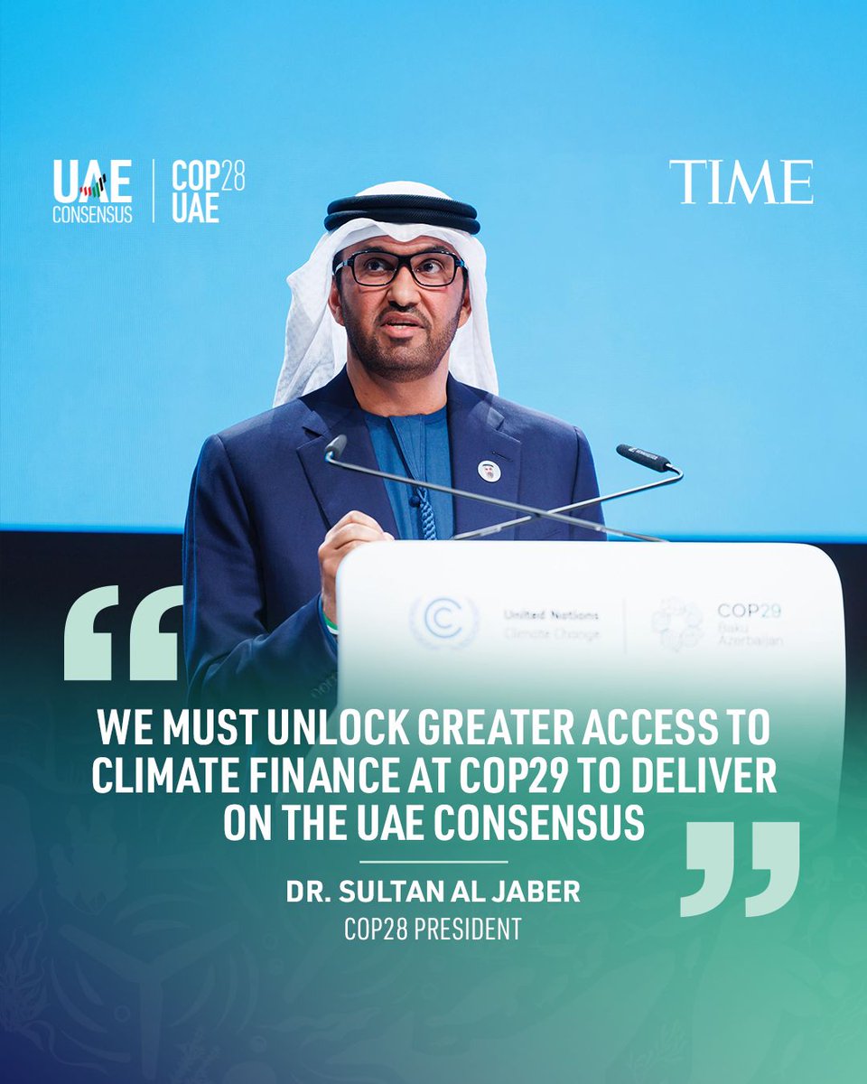COP28_UAE's tweet image. At COP28, determination conquered doubt. In a @TIME op-ed, COP28 President Dr. Sultan Al Jaber rallies Parties to do the same at COP29 by agreeing a New Collective Quantified Goal (NCQG) on climate finance.

Read more: time.com/7174439/sultan…

#COP28 #COP29 #UAEConsensus