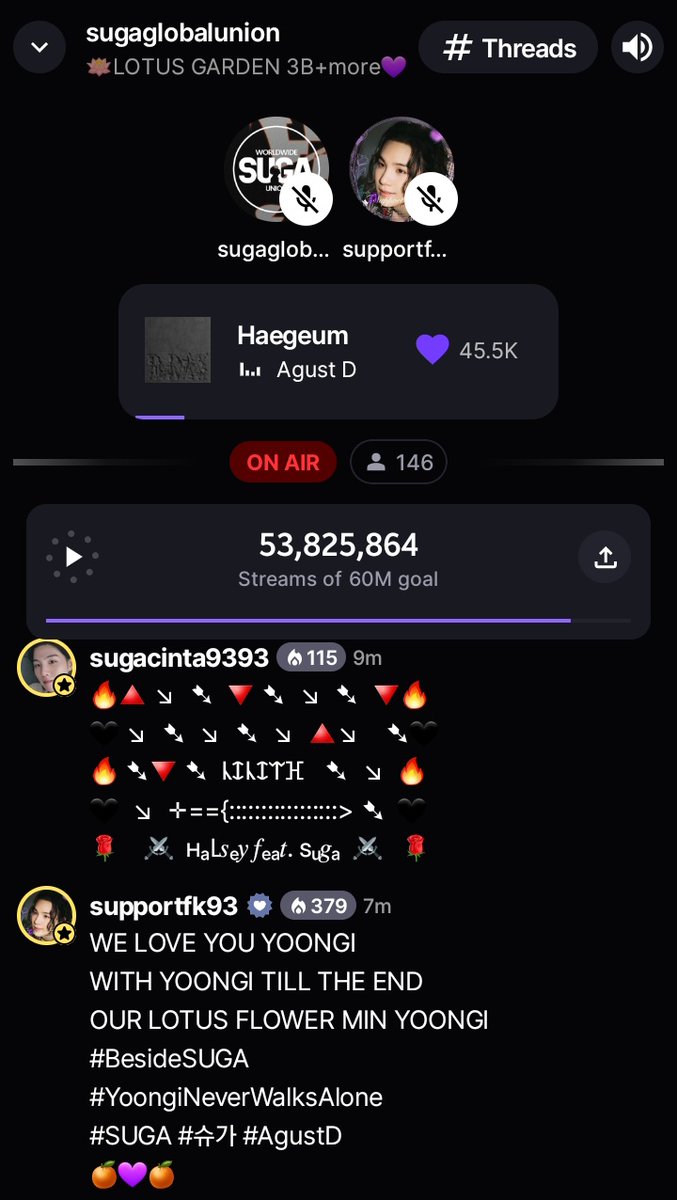SupportMinKG93's tweet photo. Join us we are on air at @STATIONHEAD
Con So far Away y Haegeum 🔥 🍊 
https://t.co/QesxXoD0Dl

#24_7WITHD_DAY #3BILLION_ToAgustD
WE LOVE YOU YOONGI 
#STREAMFORYOONGI 
HAEGEUM TO 1BILLION🥢🔥
SO FAR AWAY TO 100M🌸💞 
#LotusGardenSugaGlobalUnion🪷
#SUGA #슈가 #AgustD
@BTS_twt https://t.co/6Rw1qQ1gU1