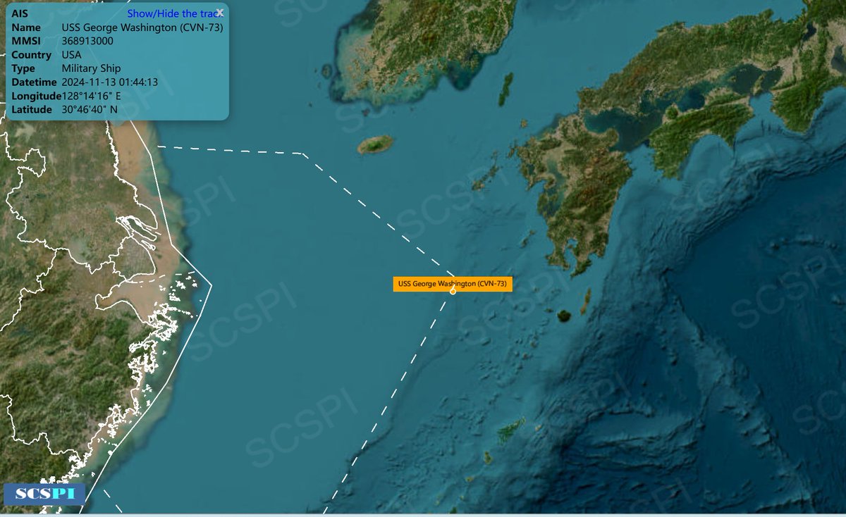 SCS_PI's tweet photo. Based on AIS, USS George Washington is operating in the East China Sea and will participate in the Exercise Freedom Edge, Nov. 13. https://t.co/Sy70YtL07B