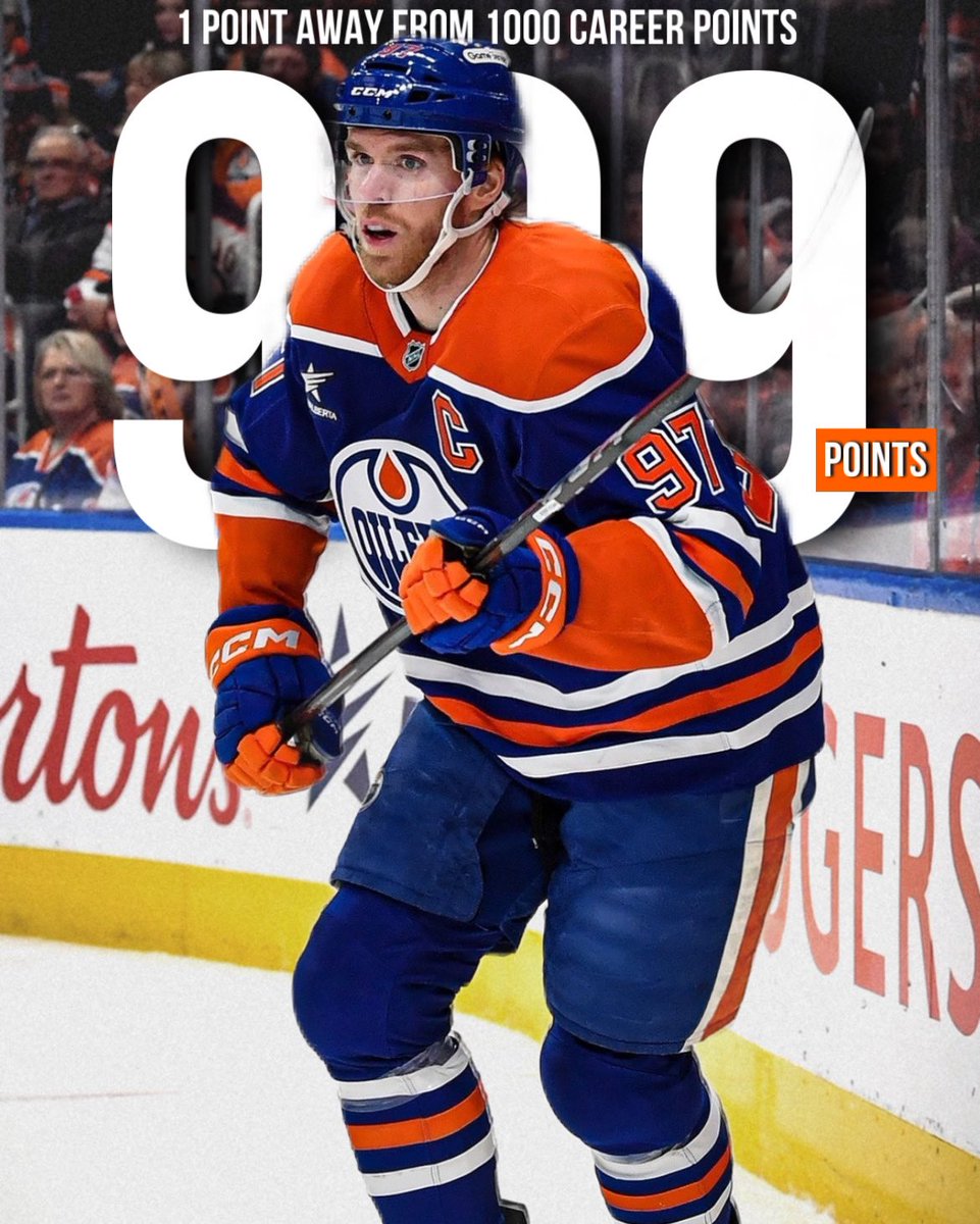 oilersculture's tweet photo. One Point Away… #connormcdavid97 #999points #1000points #milestone #LetsGoOilers #nhl #oilersvsislanders https://t.co/wXFgD4q9aL