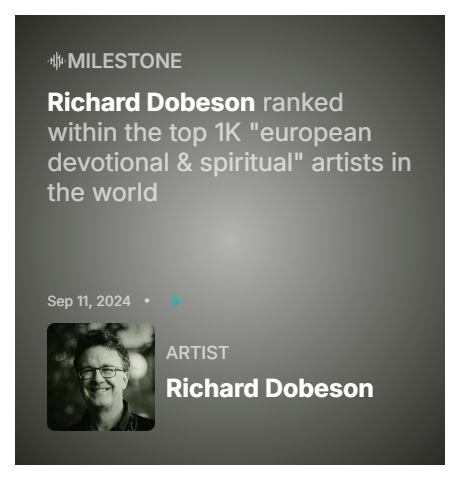 Richard Dobeson ranked within the top 1K "european devotional &amp; spiritual" artists in the world
#milestone #europeanmusic #devotionalmusic #spiritualmusic #chartmetric <a href="/chartmetric/">Chartmetric</a> <a href="/indiemusicweb/">Indie Music Artists</a> 
share.chartmetric.com/artists/020/73…