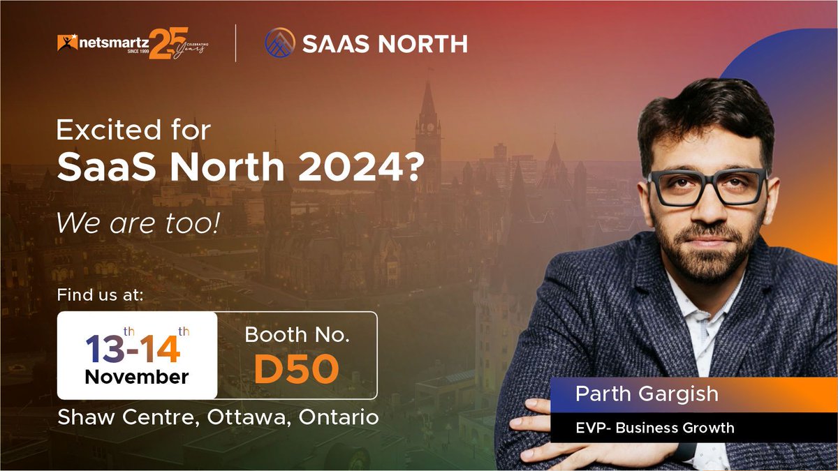 ManipalDhariwal's tweet photo. Parth Gargish, our EVP - Business Growth, will be representing Netsmartz at SAAS NORTH 2024โCanadaโs leading SaaS event in Ottawa.
Letโs shape the future of Canadian SaaS together!
๐
November 13-14
#Netsmartz #SAASNORTH2024 #SaaS #Innovation #TechCommunity https://t.co/M0AEH2ytZw