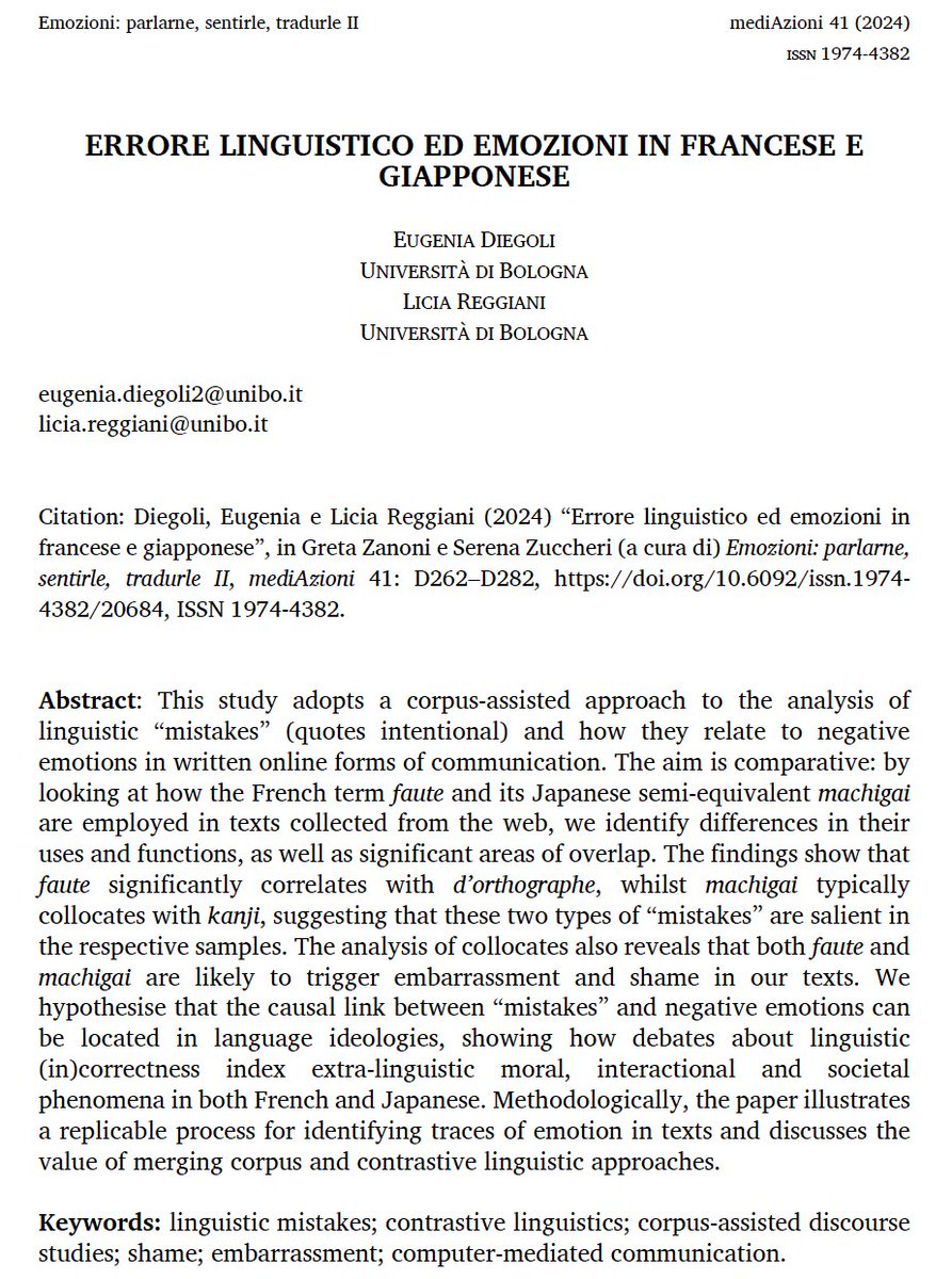 📚New paper with Licia Reggiani out now in #mediAzioni “Errore linguistico ed emozioni in francese e giapponese [linguistic mistakes and emotions in French and Japanese]”, OA at mediazioni.unibo.it/article/view/2…