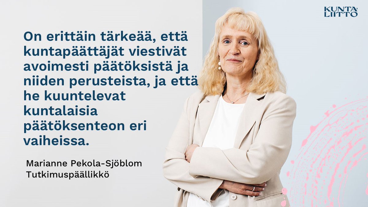 Kuntalaistutkimus: 1/3 kuntalaisista uskoo, että päättäjät pitävät hyvin huolta elinvoimasta ja ajavat kunnan parasta. "Luottamus ei ole itsestäänselvyys: se vaatii jatkuvaa panostusta ja kuntalaisten kuulemista" <a href="/M_PekolaSjoblom/">M. Pekola-Sjöblom</a> 
kuntaliitto.fi/tiedotteet/202… koko
#kunnat #kuntavaalit