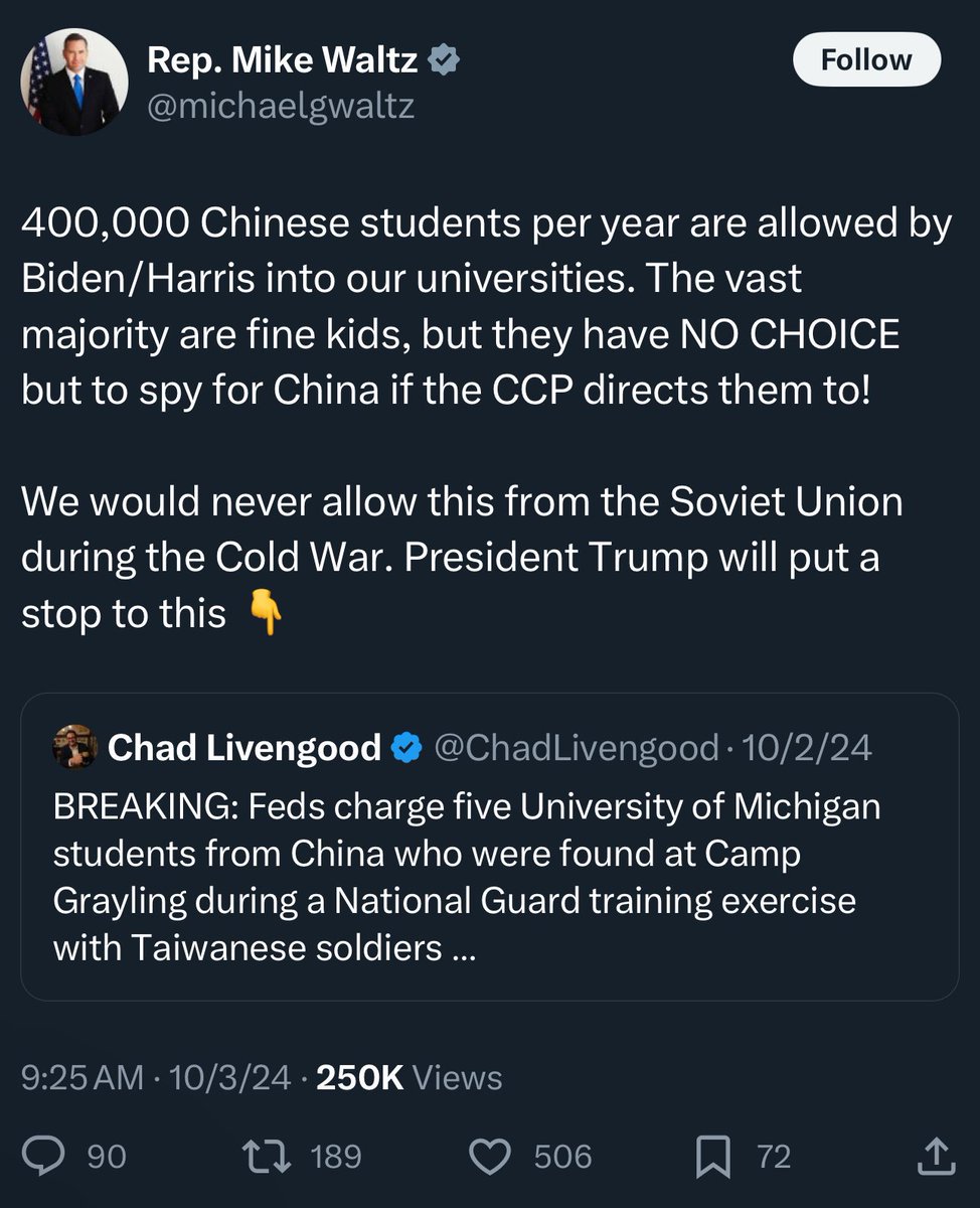 川普宣布要任命的国家安全顾问，声称每年40万中国留学生都是潜在的中国间谍，川普上台后将禁止中国学生到美国留学。