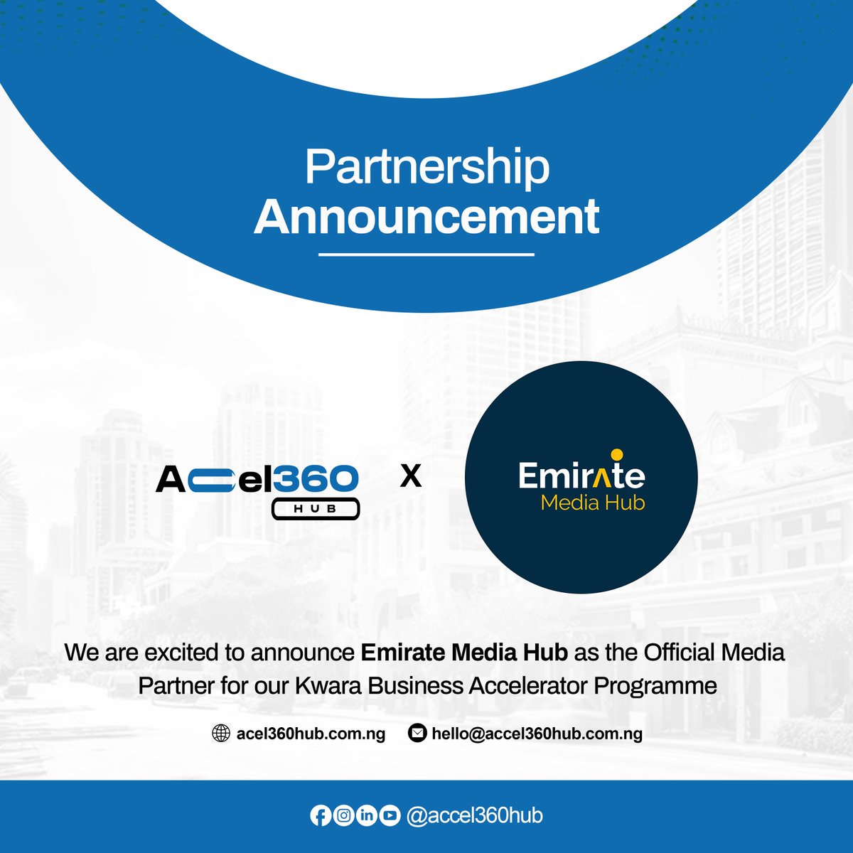 accel360hub's tweet image. We welcome Emirate Media Hub as our official media partner for the Kwara Business Accelerator Programme! 

As an innovative media hub, Emirate Media Hub is dedicated to amplifying the voices of entrepreneurs and driving innovation across Nigeria.