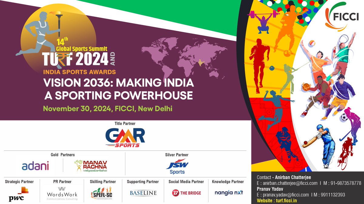 Join us at the 14th Global Sports Summit - TURF 2024 &amp; India Sports Awards on the theme of 'Vision 2036: Making India a Sporting Powerhouse'.

📅 November 30, 2024
📍 FICCI, New Delhi

Let’s shape the future of sports in India!

#TURF2024 #IndiaSportsAwards #GlobalSportsSummit