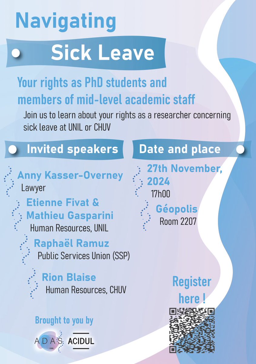 Wondering how the sick leave system works for researchers in Switzerland and more specifically at <a href="/unil/">Université de Lausanne</a>? Join us on 27th November at 5pm in room 2207 in Géopolis to know more about your rights! 🤓 <a href="/ADAS_Lausanne/">ADAS</a>