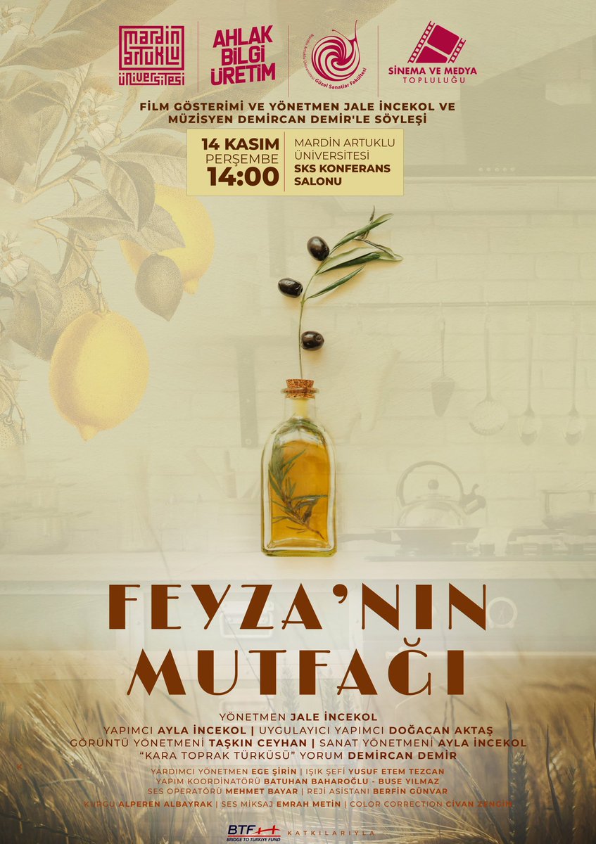 Yönetmen Jale İncekol ve müzisyen Demircan Demir'in katılımlarıyla
"Feyza’nın Mutfağı" adlı belgesel film gösterimi ve söyleşisi gerçekleştirilecektir.
Etkinliğimize davetlisiniz.
📽️SKS Konferans Salonu
🗓️14 Kasım Perşembe
⏱️14:00

<a href="/mardinartuklu/">Mardin Artuklu Üniversitesi</a> 
<a href="/ibrahimozcosar/">ibrahim özcoşar</a>