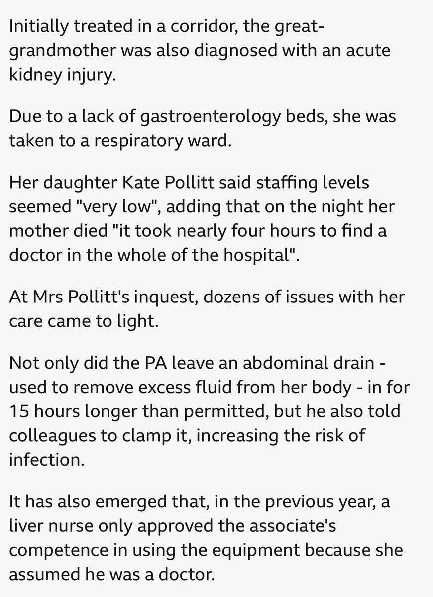 DrLukeCraddock's tweet image. Triaged on a corridor, moved to an inappropriate ward. Treated by an under qualified staff member working out of scope amounting to gross negligence manslaughter. 

This is the modern NHS and it makes me furious.

My condolences to Susan’s family, this is unacceptable.