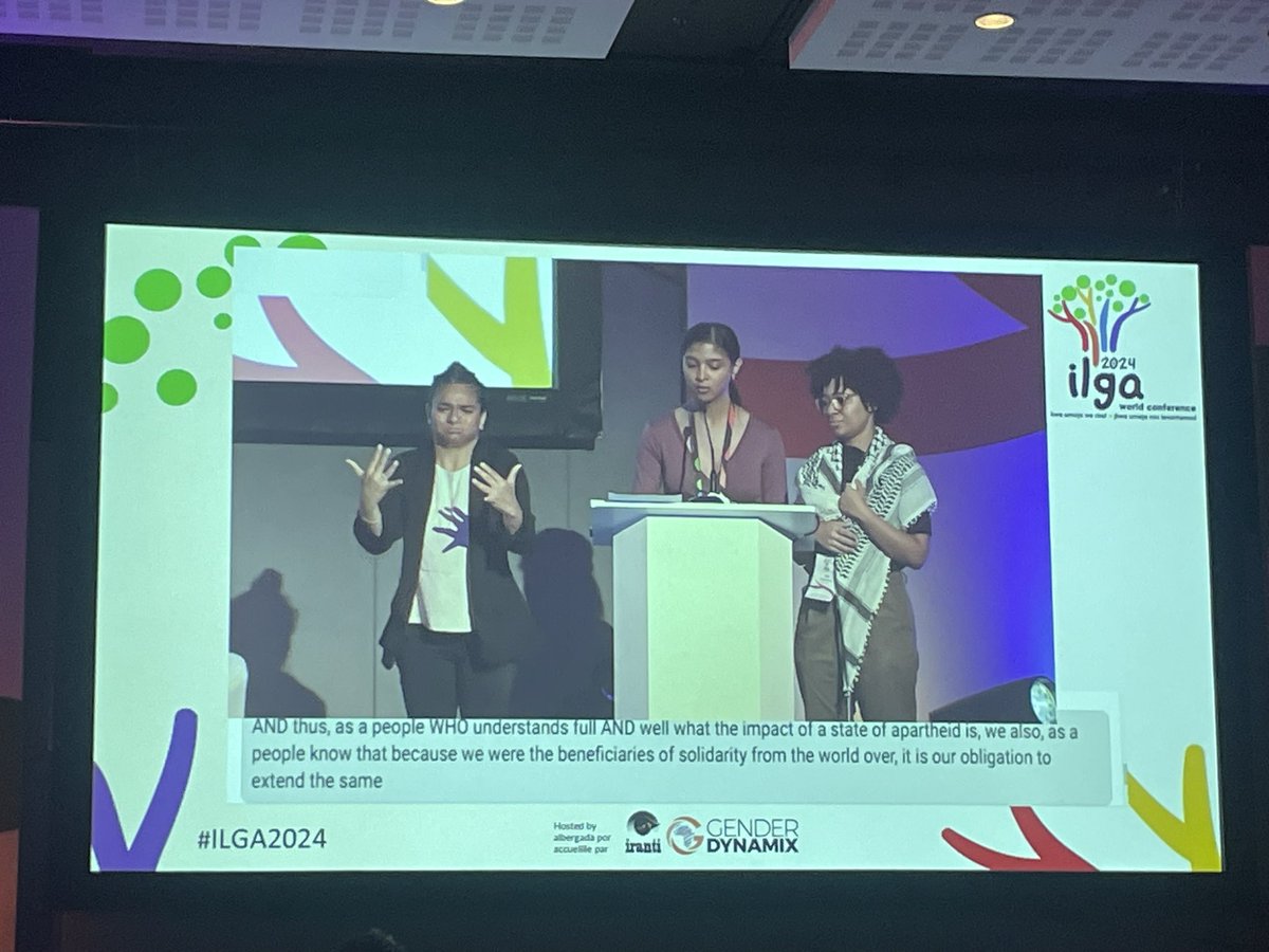 ‘We stand in solidarity with the people of Palestine’ #ILGA2024 

These are our leaders 💛🏳️‍⚧️ <a href="/GenderDynamix/">Gender Dynamix</a> <a href="/irantiorg/">Iranti</a>