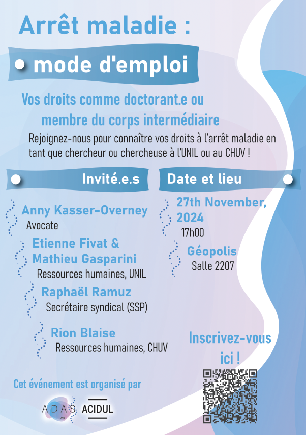 Vous vous demandez comment fonctionne l'arrêt maladie pour les chercheurs et chercheuses en Suisse et plus particulièrement à l'<a href="/unil/">Université de Lausanne</a> ? RDV le 27 novembre à 17h00, Géopolis 2207, pour en savoir plus sur vos droits ! 🤓 <a href="/ssp_syndicat/">SSP Syndicat suisse des Services Publics</a>