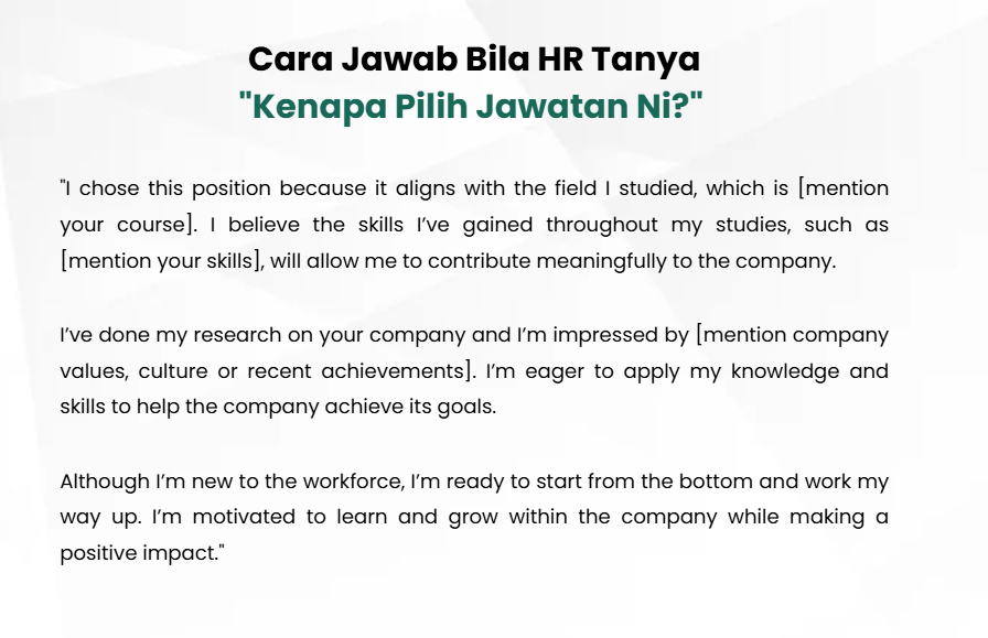 ainachuu_'s tweet photo. Macam mana nak jawab kalau HR tanya

"Kenapa pilih jawatan ni?"

Korang jangan la main cakap saya ni fresh grad saya try and error je dulu, saya dah setahun menganggur, duit simpanan pun dah takda dan lain-lain. 

Cuba ubah dan cakap macam ni ⬇️ https://t.co/fVvc8rHXTy