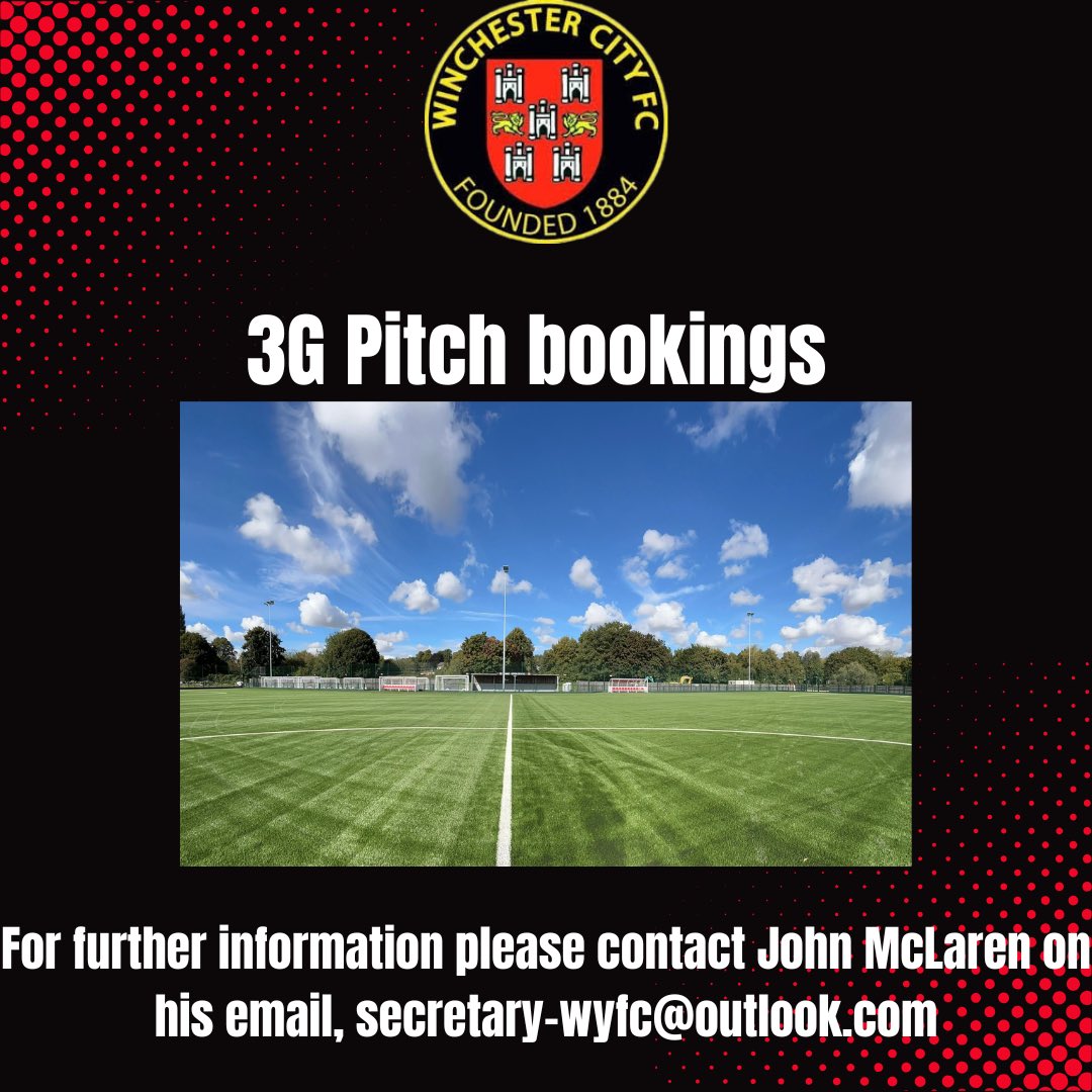Come and play on our fantastic and new 3G pitch at The Charters Community Stadium!

We have the following times available each week for the full pitch or partial booking, please contact John McLaren on his email, secretary-wycf@outlook.com (1/2)🔴⚫️

#youcitizens