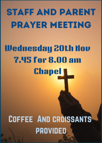 Our half termly Parent Prayer Meeting is on Wednesday, 20th of November. Gathering at 7:45 for an 8am start.
Coffee/croissants will be served
Can't make it in person? No problem! You can still join our prayer mailing list. 
Any questions/suggestions email Ada Rugg@christs.school.