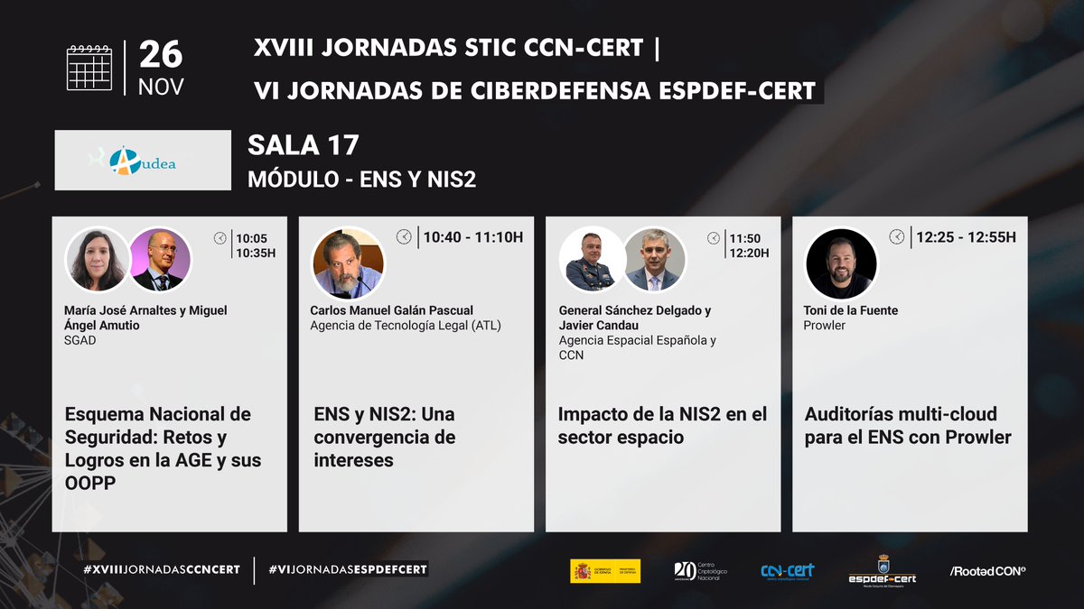 CCN-CERT (@ccncert) on Twitter photo El #ENS y la Directiva #NIS2, protagonistas de la sala 17 de los cines Kinépolis, en #XVIIIJornadasCCNCERT | #VIJornadasESPDEFCERT, que patrocina <a href="/AUDEA_SDI/">Áudea Seguridad de la Información</a>.
Participan: María José Arnaltes, Miguel Ángel Amutio, Carlos Galán, General Sánchez Delgado, Javier Candau y <a href="/ToniBlyx/">Toni de la Fuente</a>. El #ENS y la Directiva #NIS2, protagonistas de la sala 17 de los cines Kinépolis, en #XVIIIJornadasCCNCERT | #VIJornadasESPDEFCERT, que patrocina <a href="/AUDEA_SDI/">Áudea Seguridad de la Información</a>.
Participan: María José Arnaltes, Miguel Ángel Amutio, Carlos Galán, General Sánchez Delgado, Javier Candau y <a href="/ToniBlyx/">Toni de la Fuente</a>.