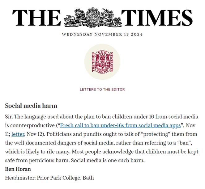 benjchoran's tweet photo. Pleased to have a letter published in today's @thetimes on the language we use to describe young people's relationship with #SocialMedia 
Should we talk about a #SocialMediaBan or should we talk about protecting #childhood? https://t.co/lveL8XZe8f