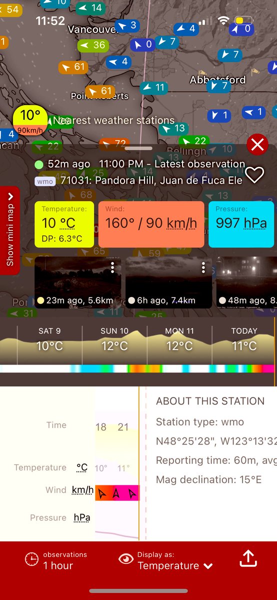 southcoastwx's tweet image. Discovery island, sustained winds at a hectic 90km/h as of 11:53 pm. 
Outage count has lowered to about 41,000 over the BC south coasts, despite winds nearing their maximum. #BCWind #BCStormWatch
