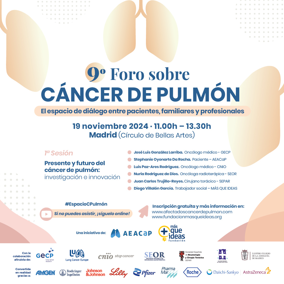 🔜9º Foro sobre cáncer de pulmón
📅 19 de noviembre
Una iniciativa de <a href="/FundacionMQI/">Fundación MÁS QUE IDEAS</a> <a href="/AEACaP/">AEACaP</a> 
Con la participación de <a href="/nuria_dios/">Núria Rodg de Dios</a> 
Info en afectadoscancerdepulmon.com/9o-foro-sobre-…