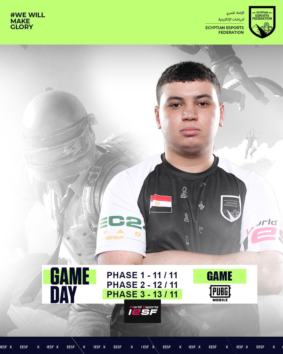 📢  يوم المباراة الأخير!
استعدوا لتشجيع منتخبنا اليوم في بطولة العالم للألعاب الإلكترونية بلعبة ببجي موبايل!
🗓️ مباريات اليوم:

12:00 - Sanhok
12:45 - Erangel
13:30 - Erangel
14:45 - Erangel
15:30 - Miramar
16:15 - Miramar

البث المباشر يوتيوب : Iesf⭕️

#pubgmobile  #iesf #Egypt