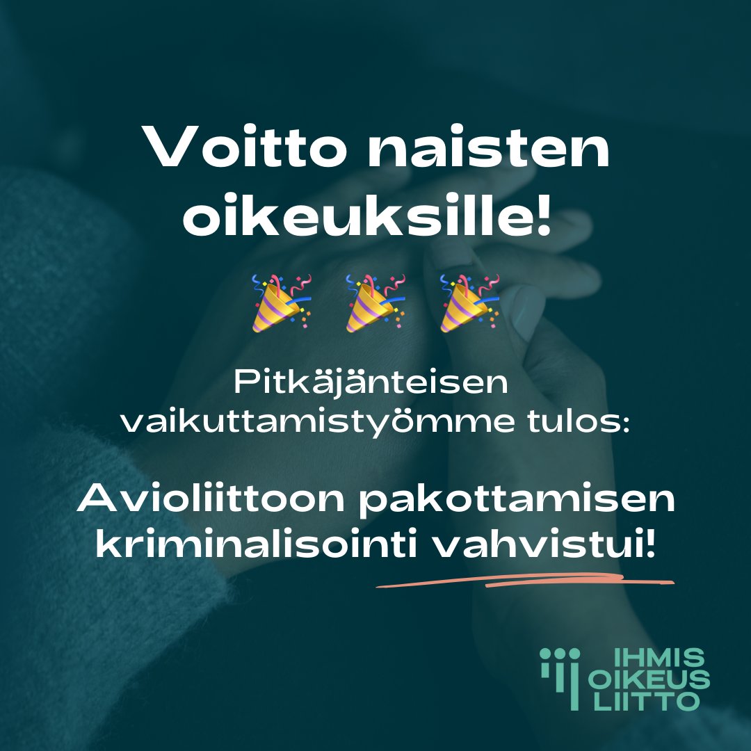 🎉 Vaikuttamistyömme tuottaa tulosta!

Eduskunta hyväksyi eilen hallituksen esityksen, joka selkiyttää avioliittoon pakottamisen rangaistavuutta. 

Olemme yhdessä muiden järjestöjen kanssa jo vuosia vaatineet avioliittoon pakottamisen vahvempaa kriminalisointia. 

#Ihmisoikeudet