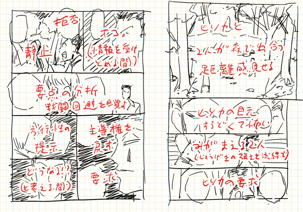 シルエット模写のつもりがネーム模写になっちゃったヤツ、こんな感じで1P10分模写+10分コマで伝えたい意図分析でいこうと思います。(ハンターハンター模写中)
1P20分でネーム切れるようになりたいな~