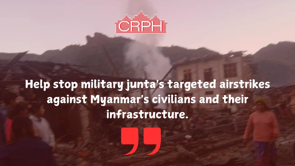 Since the first month of 2024, the brutal military junta has been increasing indiscriminate airstrikes on villages, schools, places of worship, and refugee camps. 

🚫Stop now transferring ✈️ fuel, military weapons and equipment to such brutal junta. 

⤵️ crphmyanmar.org/publications/s…