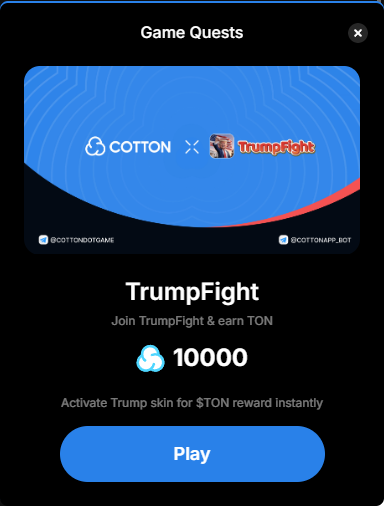 cottondotgame's tweet photo. 🚀 New Quest Alert! Join @trump_fight_bot through Cotton and start earning TON rewards instantly! 🎯

Activate your Trump skin and dive into the action. Earn 10,000 Cotton points just by joining! 💥

👉 Play now: https://t.co/1xYuQyDGF2

#TrumpFight #CottonQuest #EarnTON https://t.co/O2FSp2XwHX