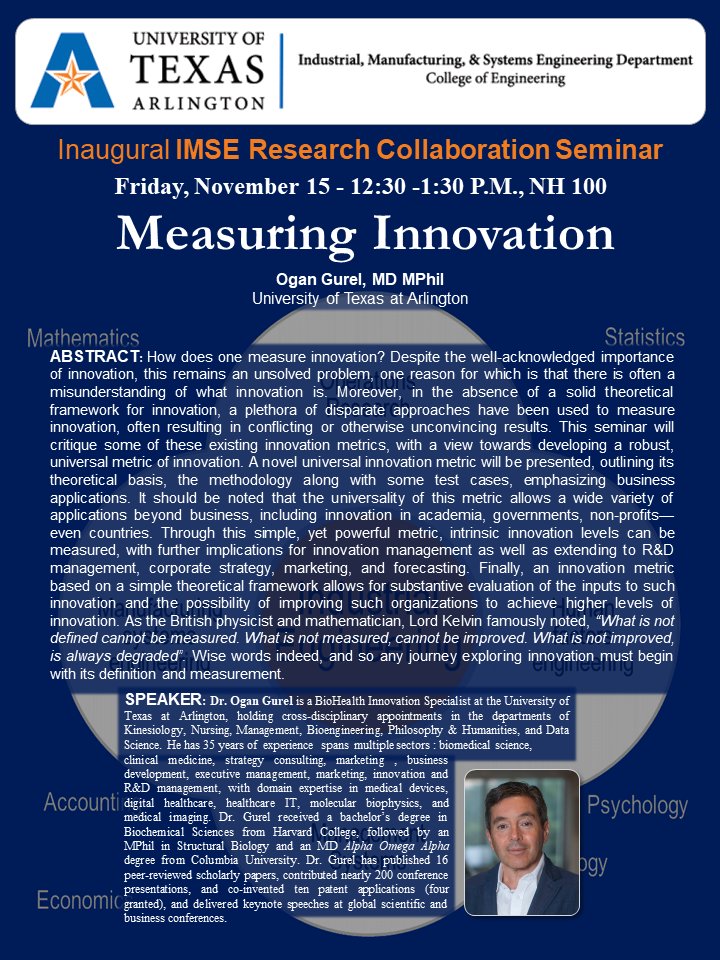 📢 Join us as Dr. Gurel introduces a groundbreaking metric for measuring innovation, with real-world applications across business, academia, and beyond.

📅 Friday, Nov 15
⏰ 12:30 - 1:30 PM
📍NH 100, UTA 
Speaker: Dr. Ogan Gurel

#UTASeminars #Innovation #IMSE #UTArlington #UTA