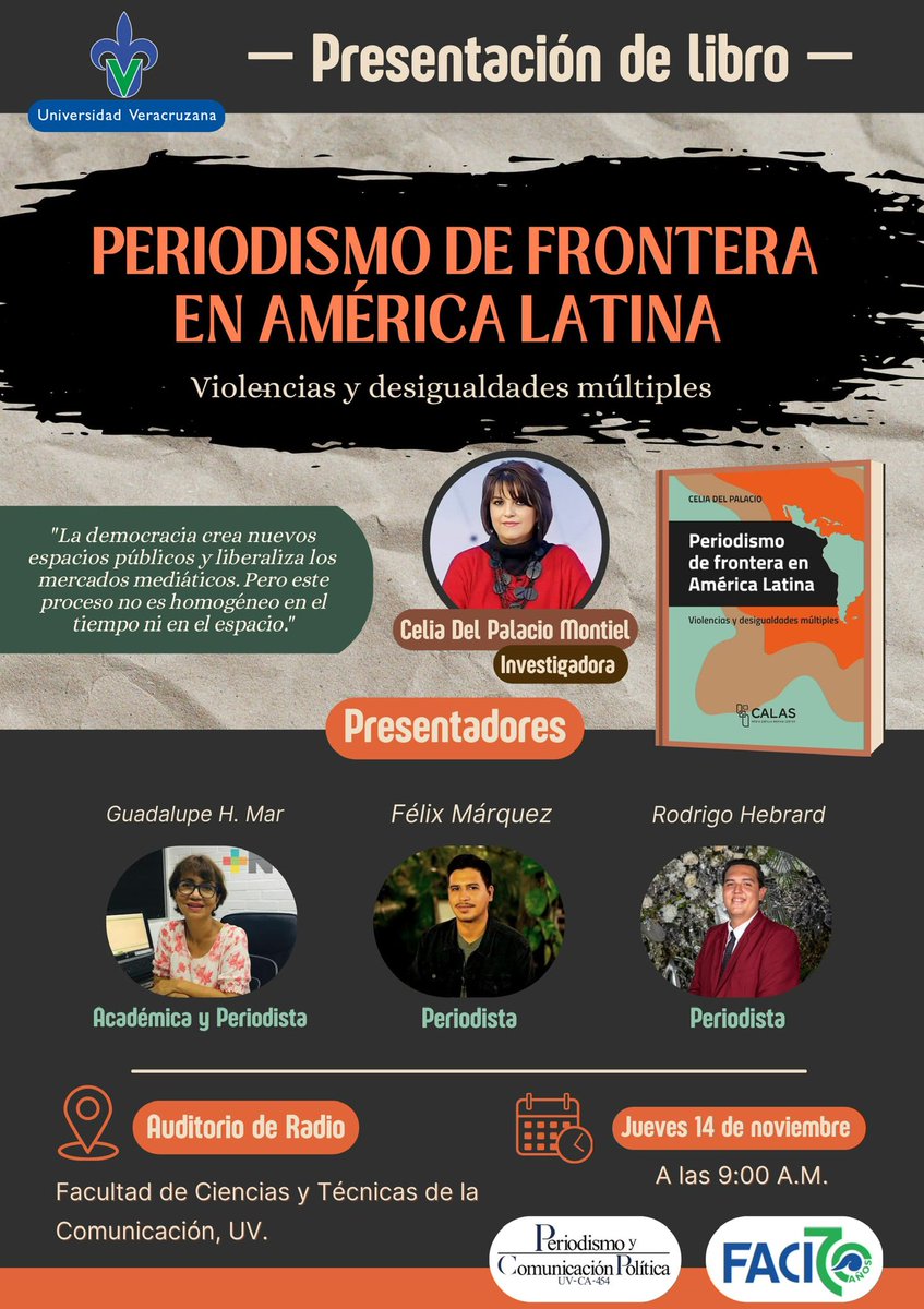 Atención #VeracruzPuerto. Estaré este jueves en la <a href="/FACICOUV/">Facultad de Ciencias y Técnicas de la Comunicación</a> con <a href="/HebrardRodrigo/">Rodrigo Hebrard</a>, <a href="/Guadalupehmar/">Guadalupe H Mar</a> y <a href="/felyxmarquez/">Félix Márquez</a> presentando mi libro Periodismo de Frontera en America Latina. Súper contenta de esta oportunidad. Gracias!!