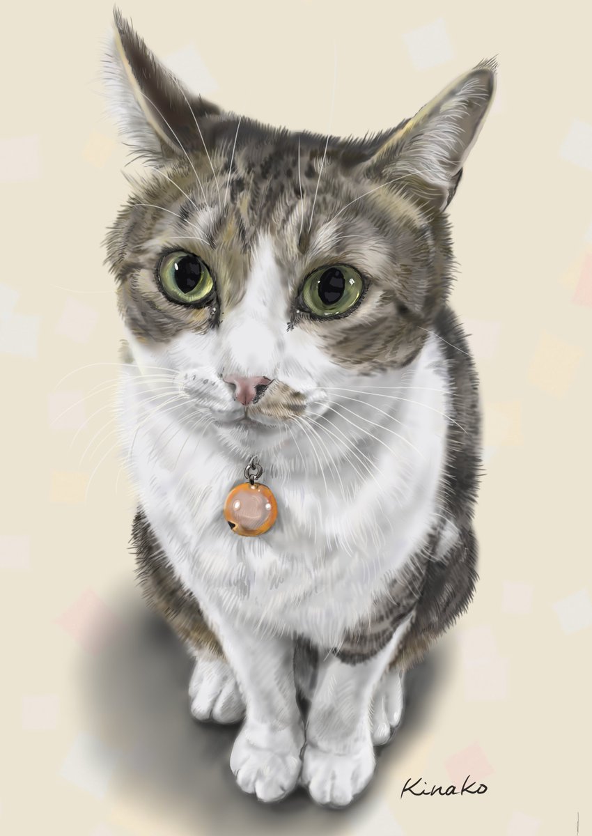 91rudo's tweet image. 絵が完成しました✨
YuuuuJtny-Kさんの、保護ねこのポポちゃんです💛
３歳の男の子=^_^=
優しい表情をしていますね😊
3枚、描かせていただきました.
＃猫絵　＃保護ねこ