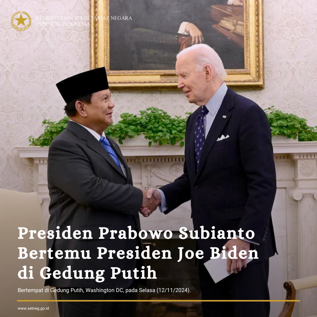 KemensetnegRI's tweet photo. 1. Presiden Republik Indonesia, Prabowo Subianto, melakukan pertemuan bilateral dengan Presiden Amerika Serikat, Joe Biden, di Gedung Putih, Washington DC (12/11). Pertemuan tersebut merupakan bagian dari rangkaian kunjungan kerja resmi Presiden Prabowo di Amerika Serikat guna memperkuat hubungan bilateral antara kedua negara.
#KemensetnegRI
#RilisPresiden